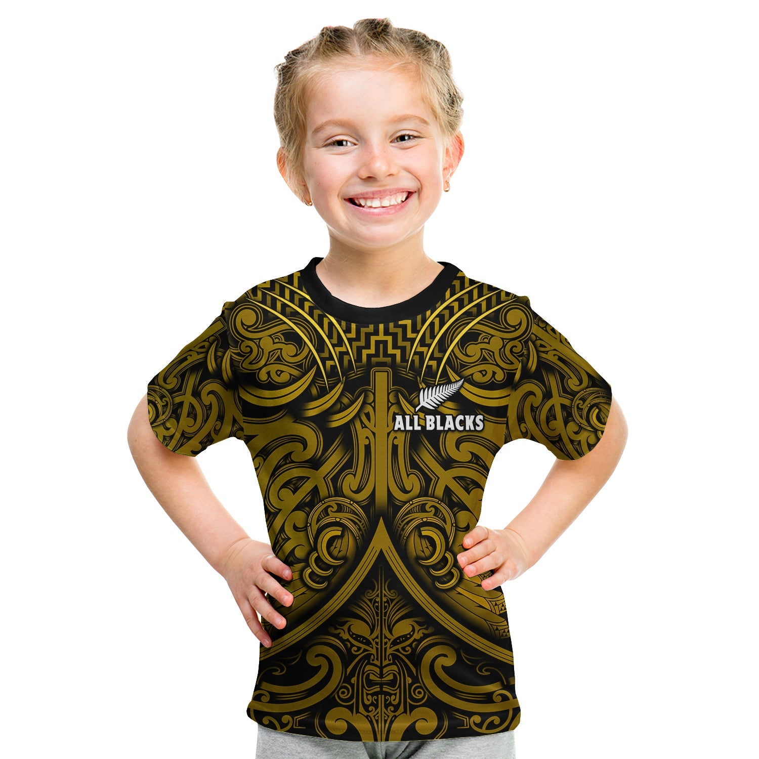 (Custom Text and Number) New Zealand Silver Fern Rugby T Shirt KID All Black Gold NZ Maori Pattern - Vibe Hoodie Shop