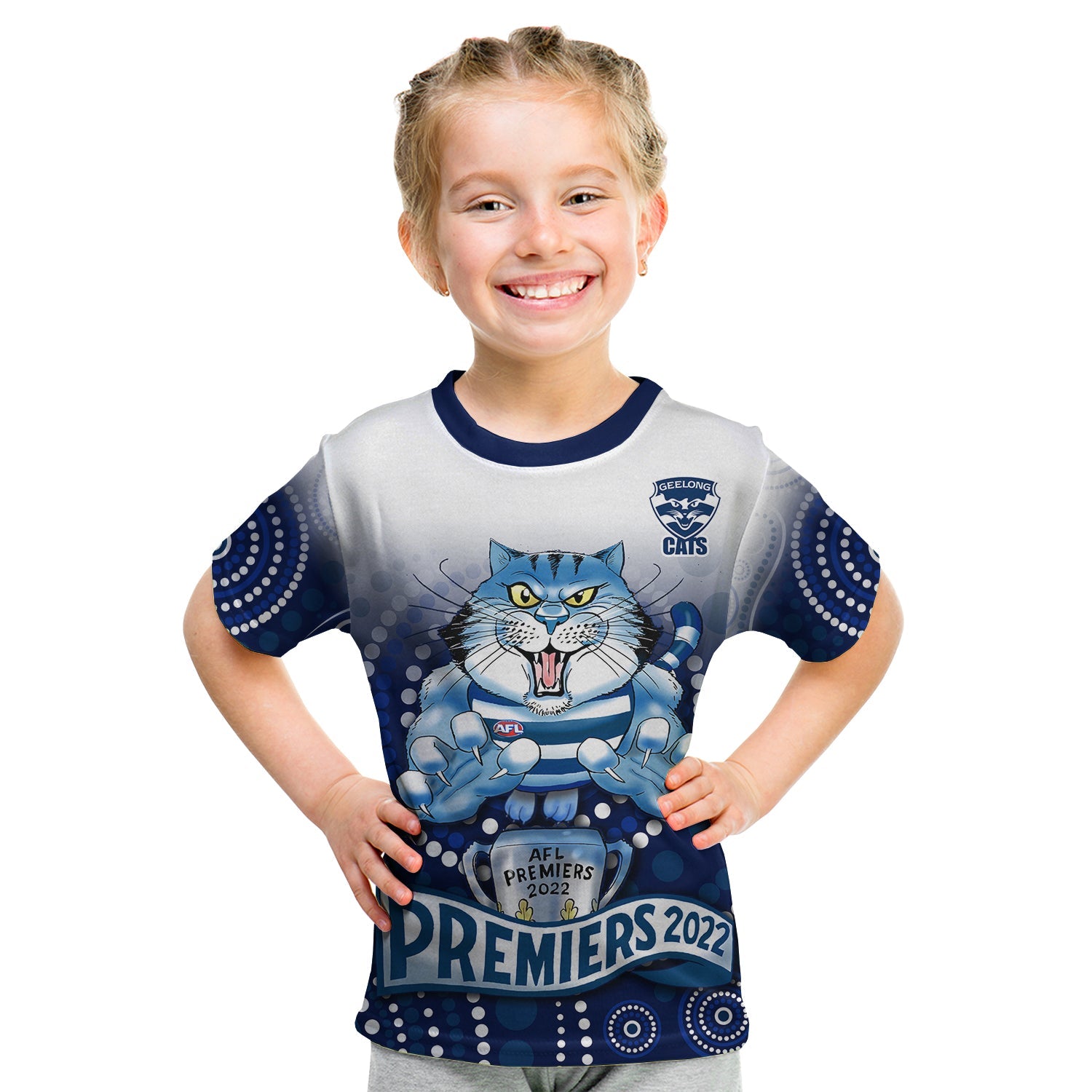 (Custom Text and Number) Cats Football T Shirt KID Aboriginal Australian Premiers 2022 Proud Geelong Cartoon - Vibe Hoodie Shop