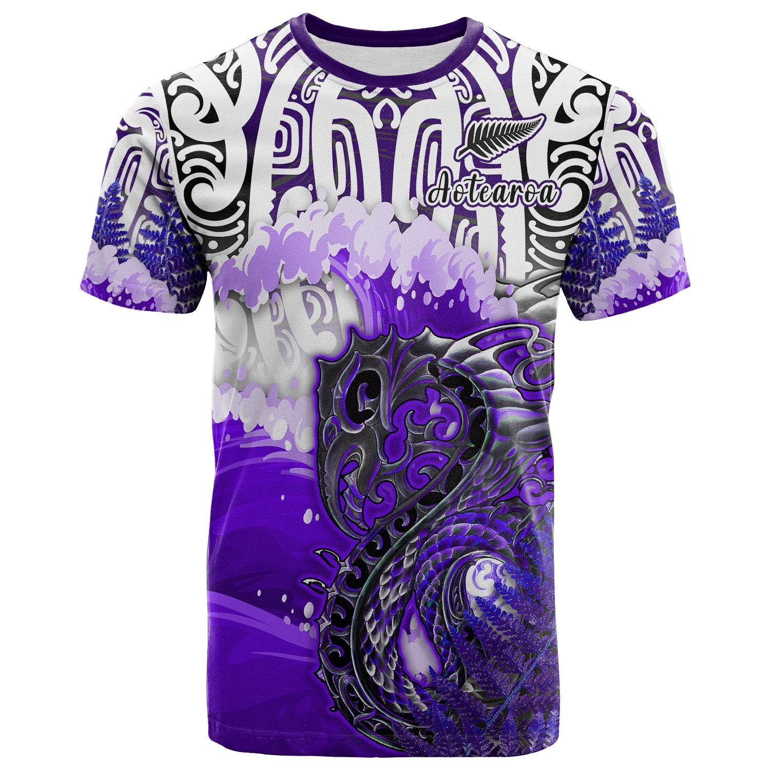 (Custom Personalised) Manaia Maori T Shirt Fern Aotearoa Purple Waves - Vibe Hoodie Shop