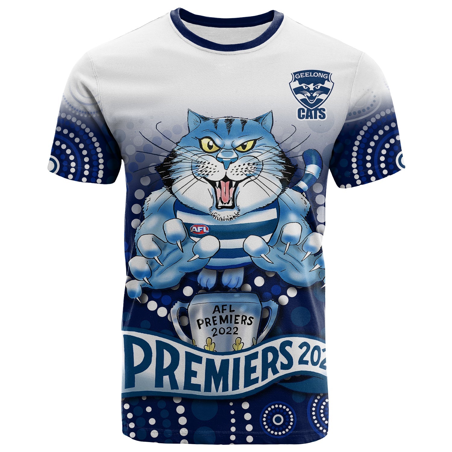 (Custom Text and Number) Cats Football T Shirt KID Aboriginal Australian Premiers 2022 Proud Geelong Cartoon - Vibe Hoodie Shop