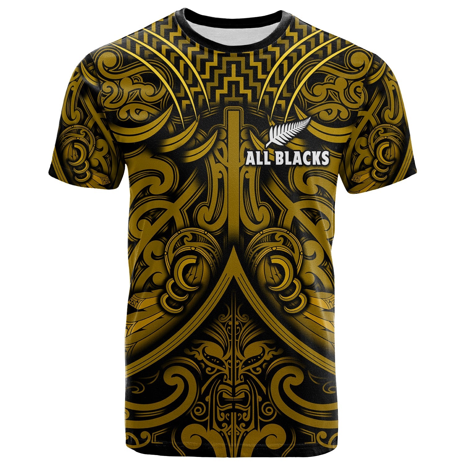 (Custom Text and Number) New Zealand Silver Fern Rugby T Shirt All Black Gold NZ Maori Pattern - Vibe Hoodie Shop