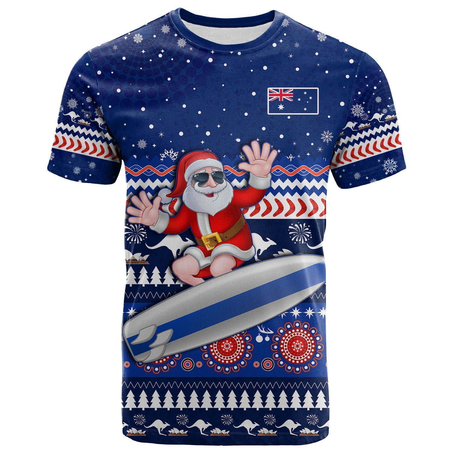 Australia Christmas T Shirt Aussie Aboriginal Santa Claus is Surfing with Kangaroo - Vibe Hoodie Shop