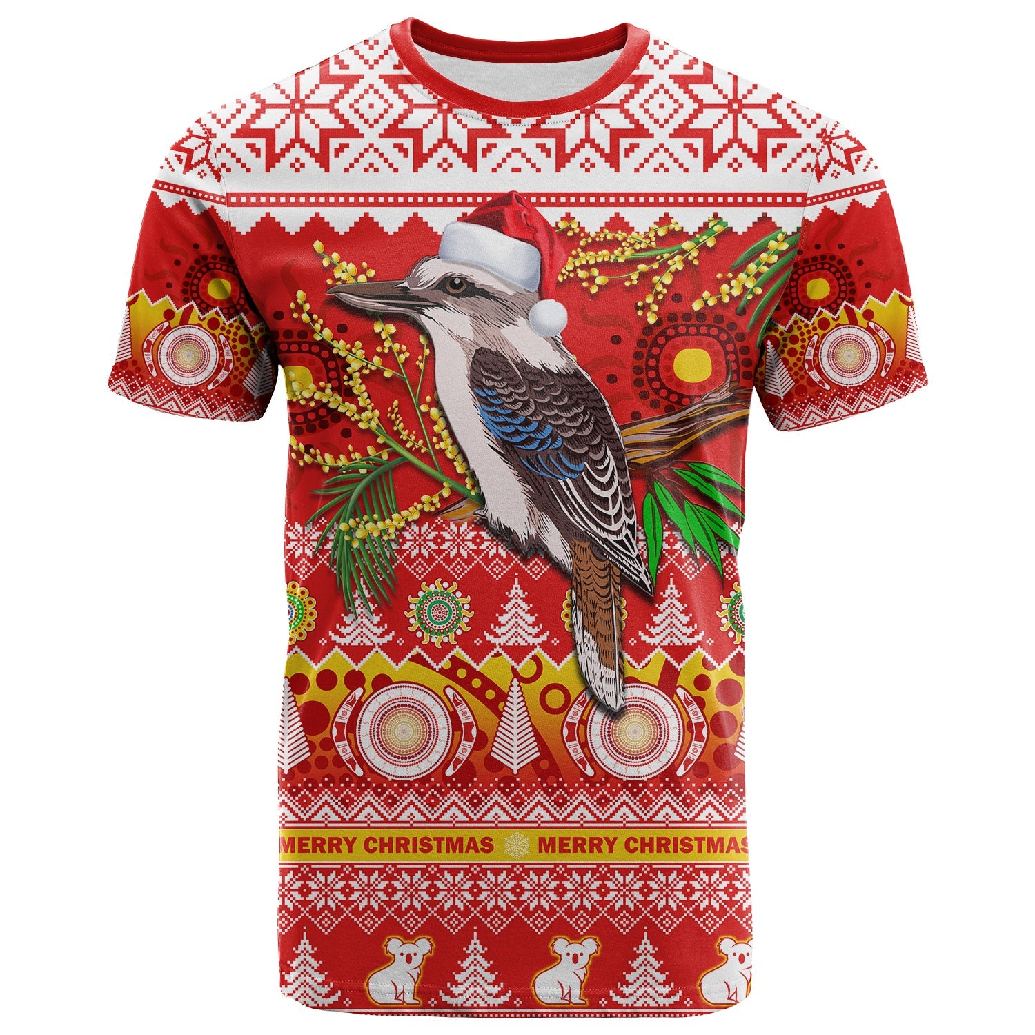 Australia T Shirt Kookaburra Mix Golden Wattle Aboriginal Art Merry Christmas - Vibe Hoodie Shop