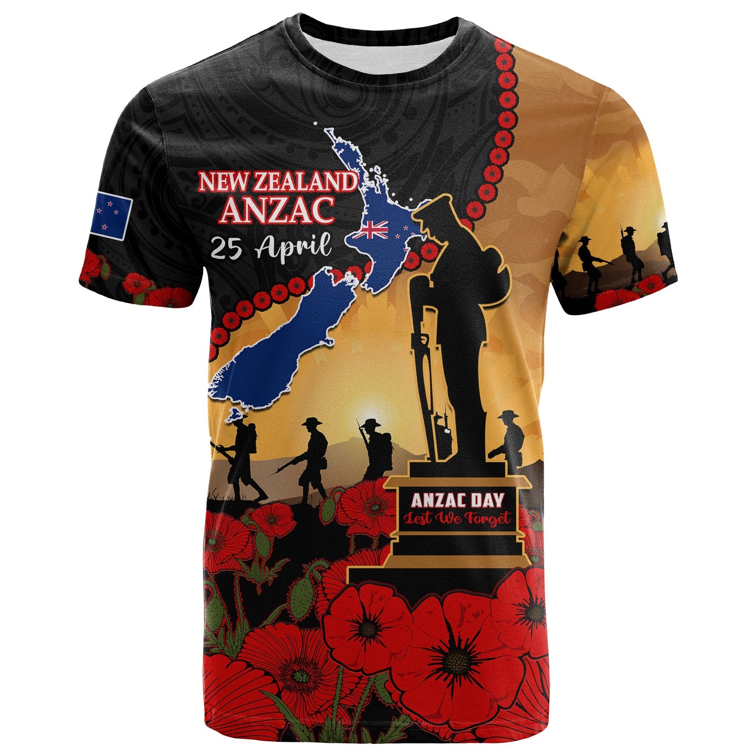New Zealand Anzac T Shirt Maori Camouflage Mix Poppies We Will Remember Them - Vibe Hoodie Shop