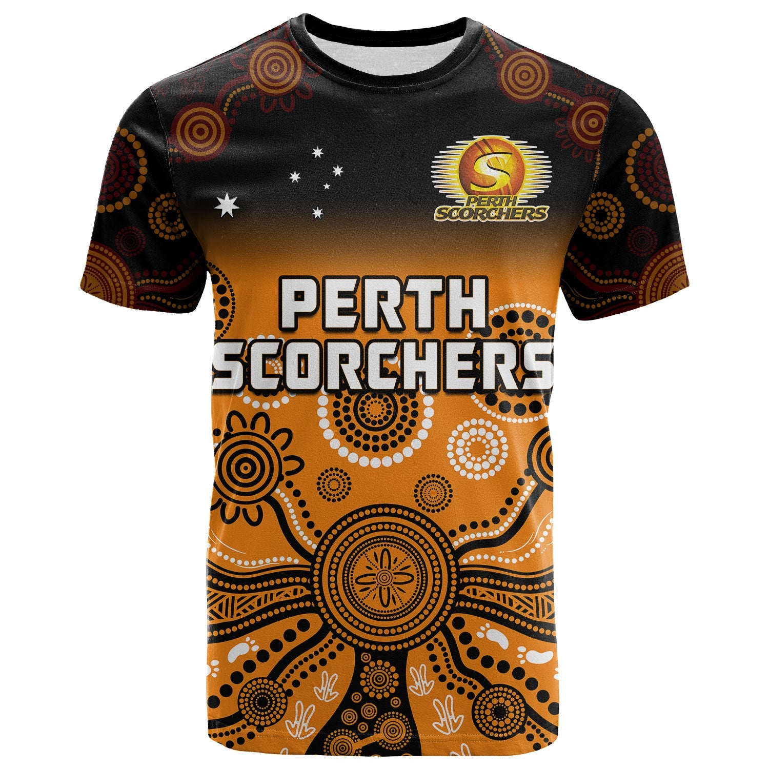 (Custom Text And Number) Perth Scorchers T Shirt Gradient Aboriginal Dot Painting - Vibe Hoodie Shop