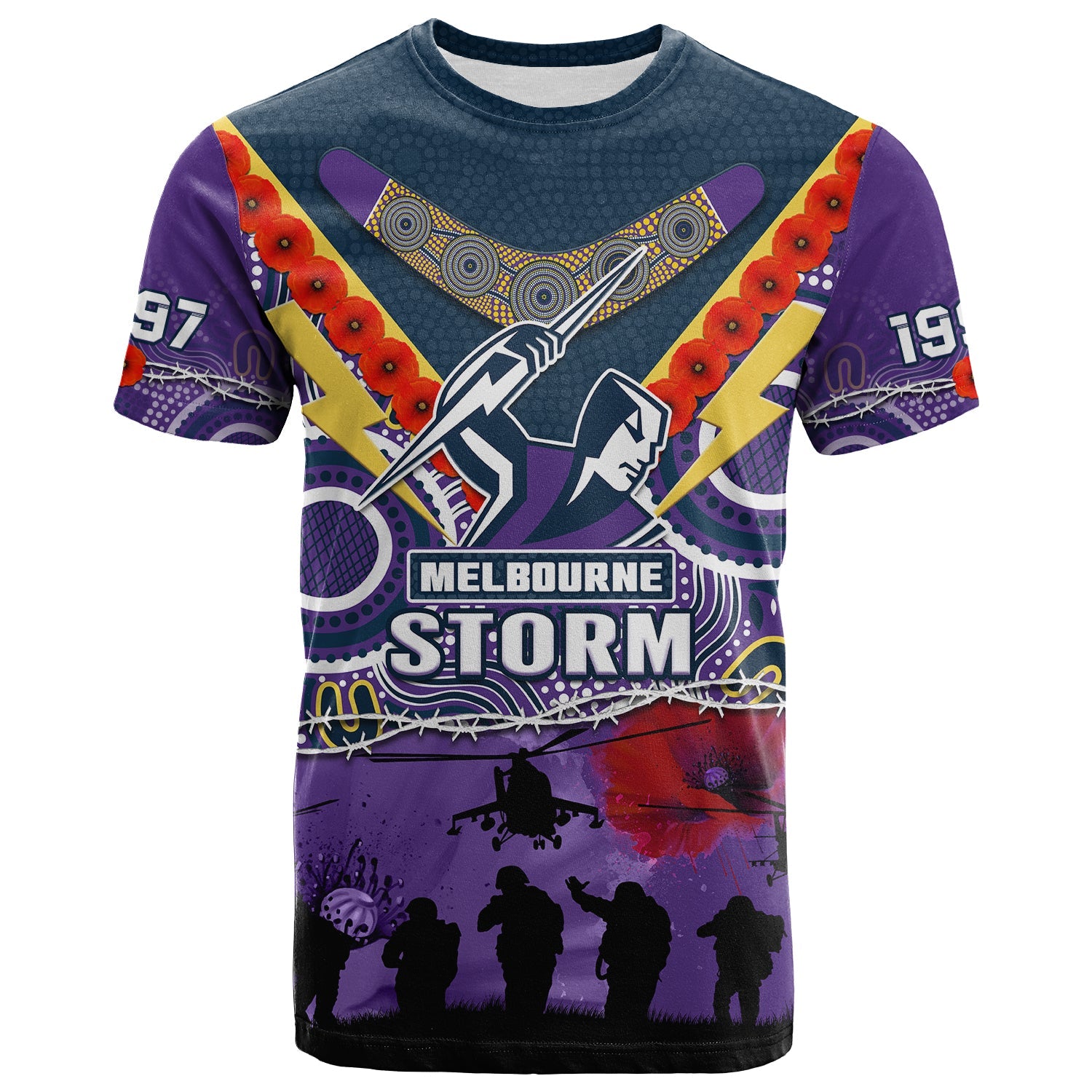 (Custom Text And Number) Melbourne Storm Rugby ANZAC T Shirt Indigenous Poppy Australian Army - Vibe Hoodie Shop