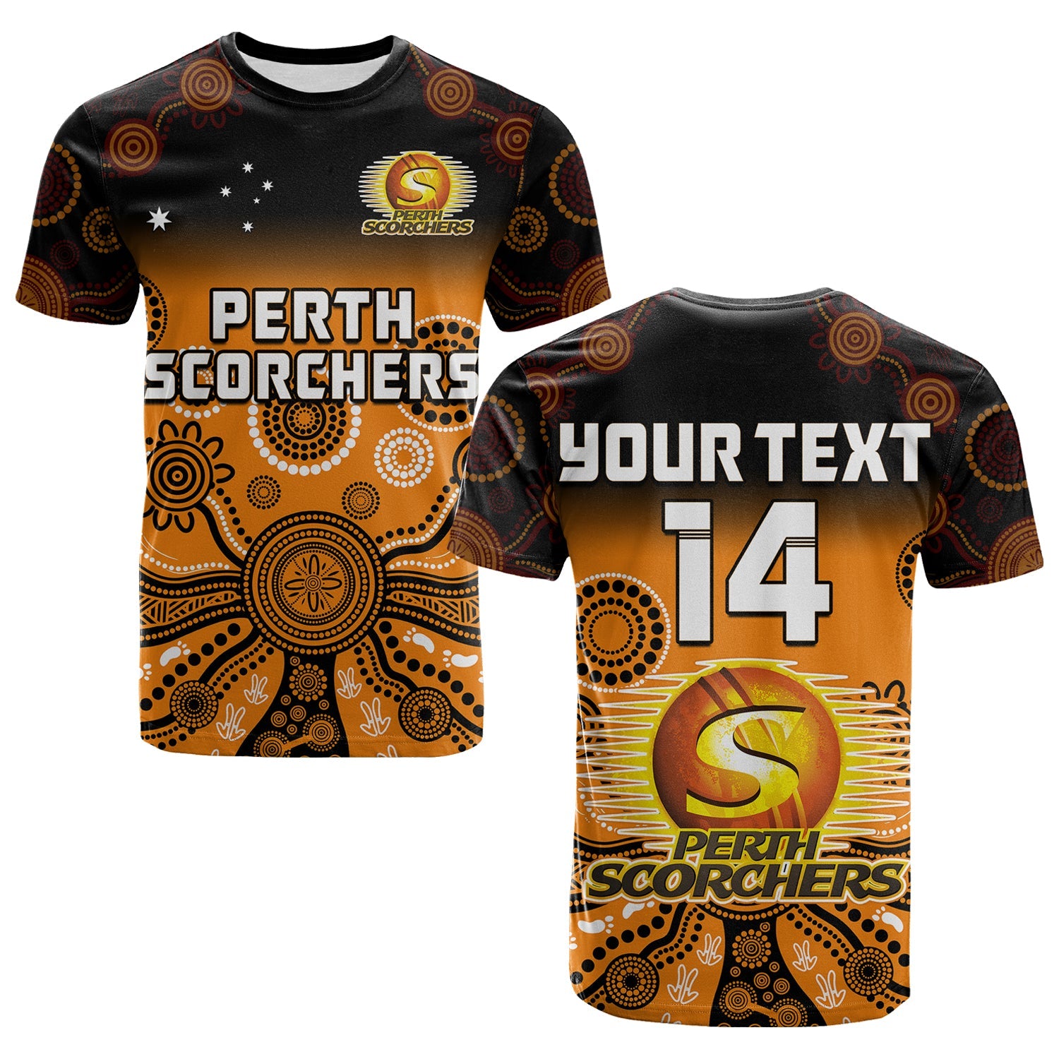 (Custom Text And Number) Perth Scorchers T Shirt Gradient Aboriginal Dot Painting - Vibe Hoodie Shop