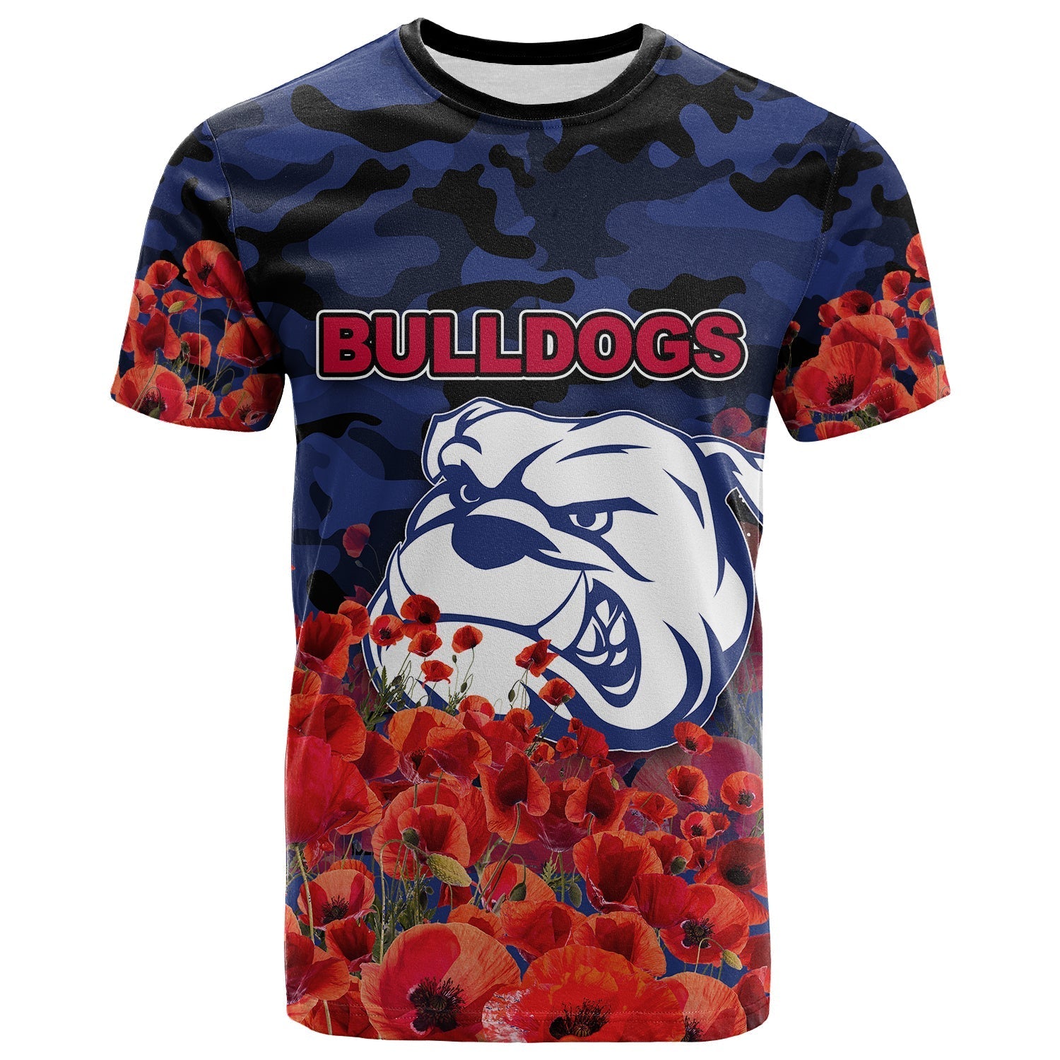ANZAC Day Western Bulldogs T shirt Poppy Flowers With Army Patterns - Vibe Hoodie Shop