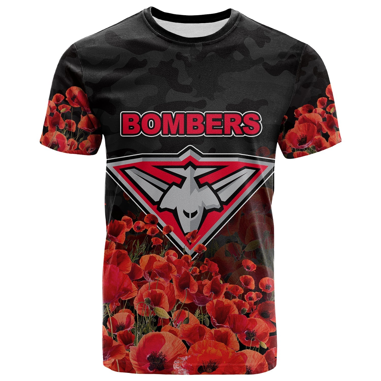 ANZAC Day Essendon Bombers T shirt Poppy Flowers With Army Patterns - Vibe Hoodie Shop