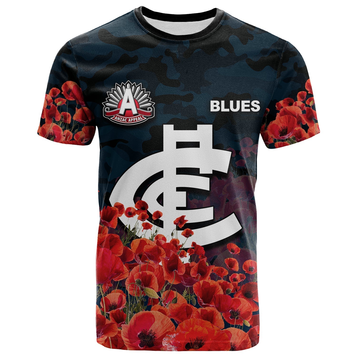 ANZAC Day Blues T shirt Poppy Flowers With Army Patterns - Vibe Hoodie Shop