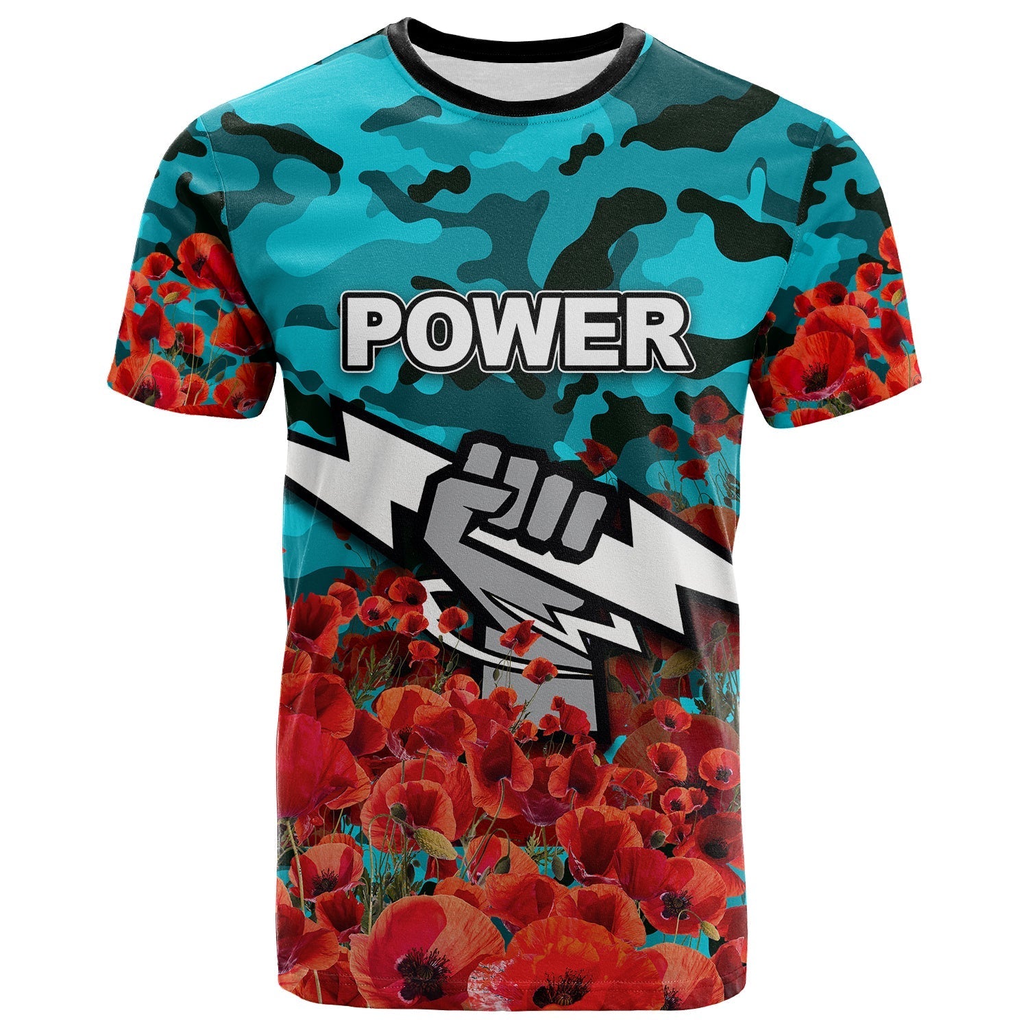 ANZAC Day Port Adelaide T shirt Poppy Flowers With Army Patterns - Vibe Hoodie Shop