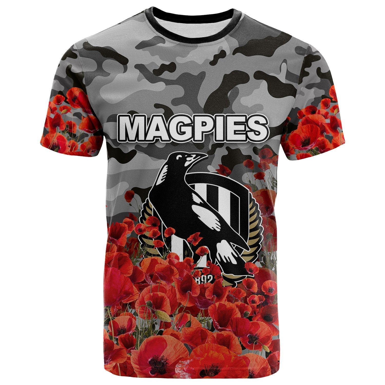 ANZAC Day Magpies T shirt Poppy Flowers With Army Patterns - Vibe Hoodie Shop