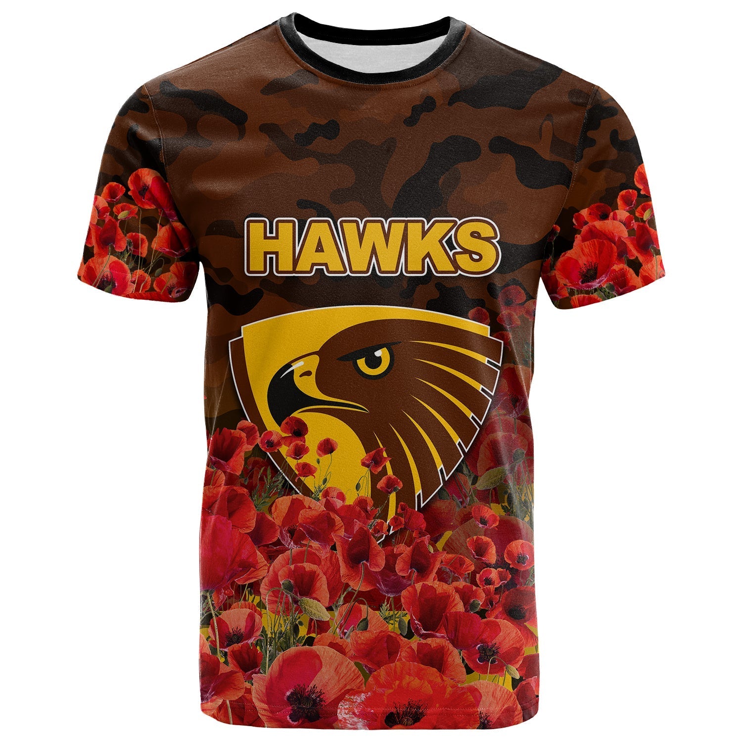 ANZAC Day Hawks T shirt Poppy Flowers With Army Patterns - Vibe Hoodie Shop