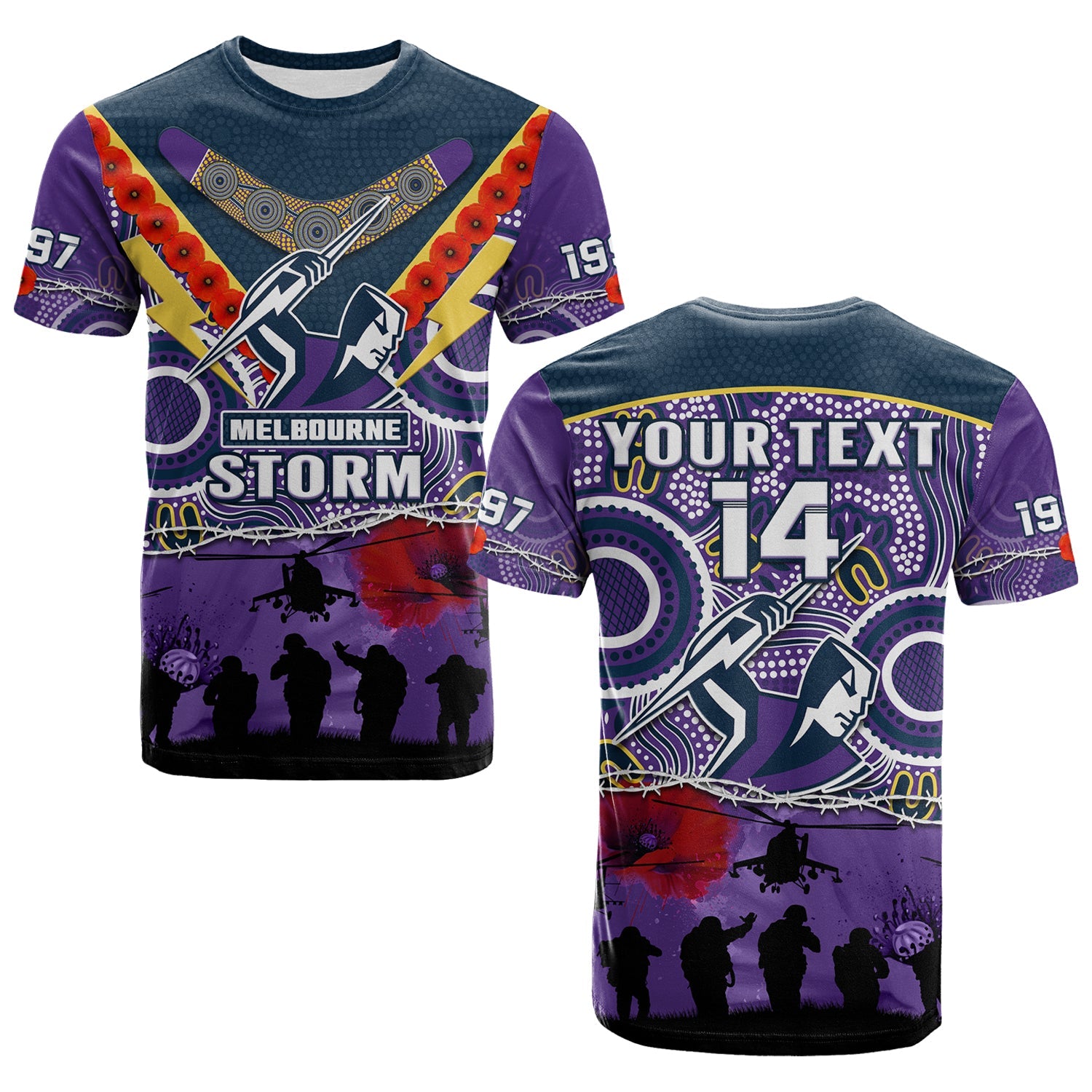 (Custom Text And Number) Melbourne Storm Rugby ANZAC T Shirt Indigenous Poppy Australian Army - Vibe Hoodie Shop