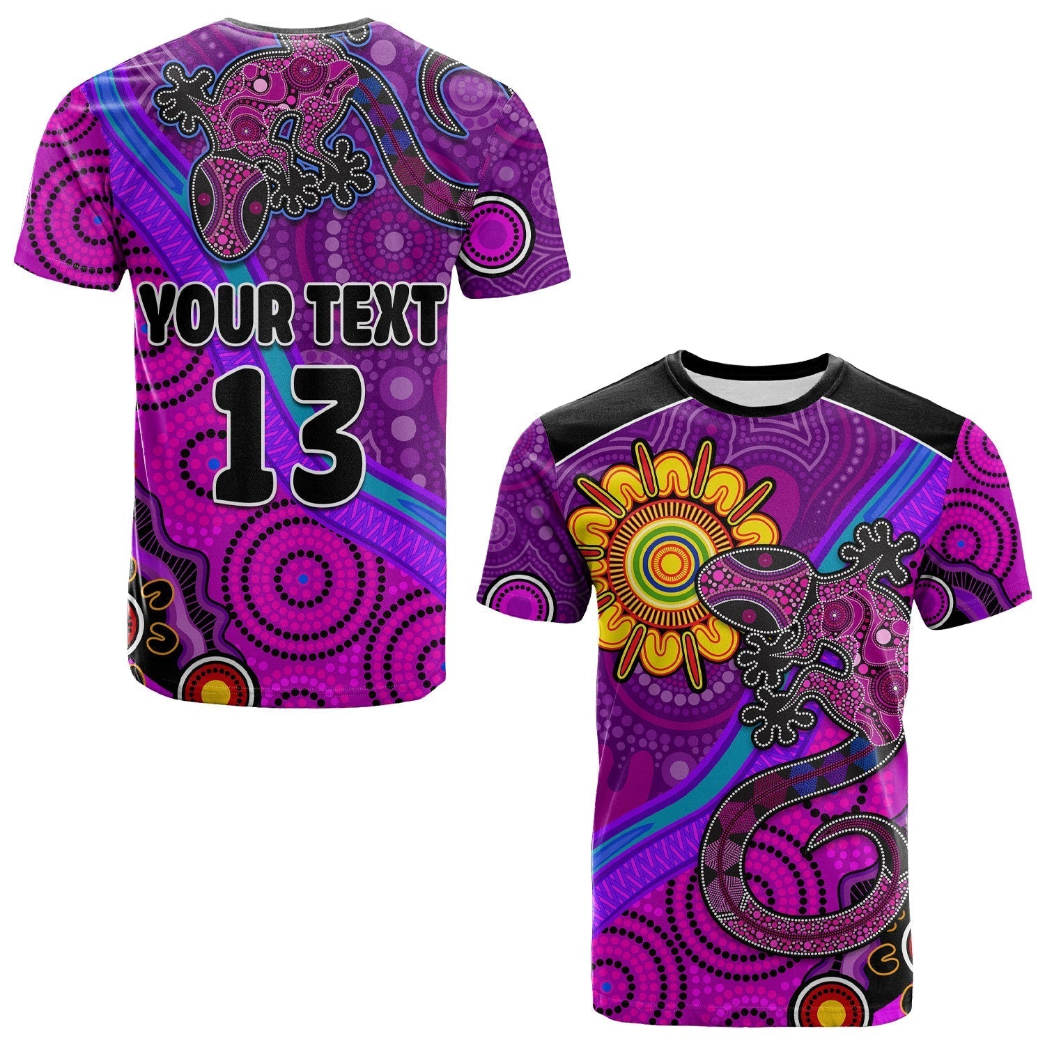 (Custom Text and Number) Australia Lizard and Sun T Shirt Aboriginal Art Purple - Vibe Hoodie Shop