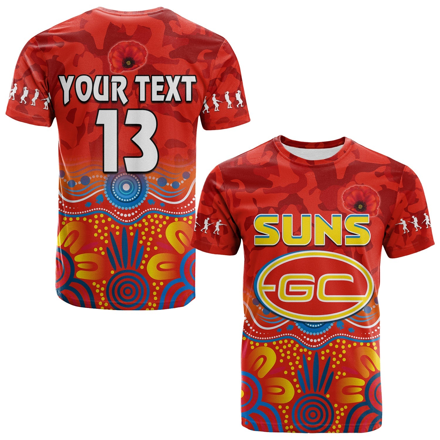 (Custom Text and Number) Suns ANZAC 2022 T shirt Gold Coast Aboriginal Poppy - Vibe Hoodie Shop