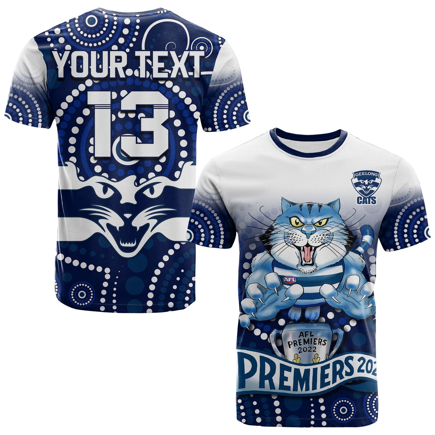 (Custom Text and Number) Cats Football T Shirt KID Aboriginal Australian Premiers 2022 Proud Geelong Cartoon - Vibe Hoodie Shop