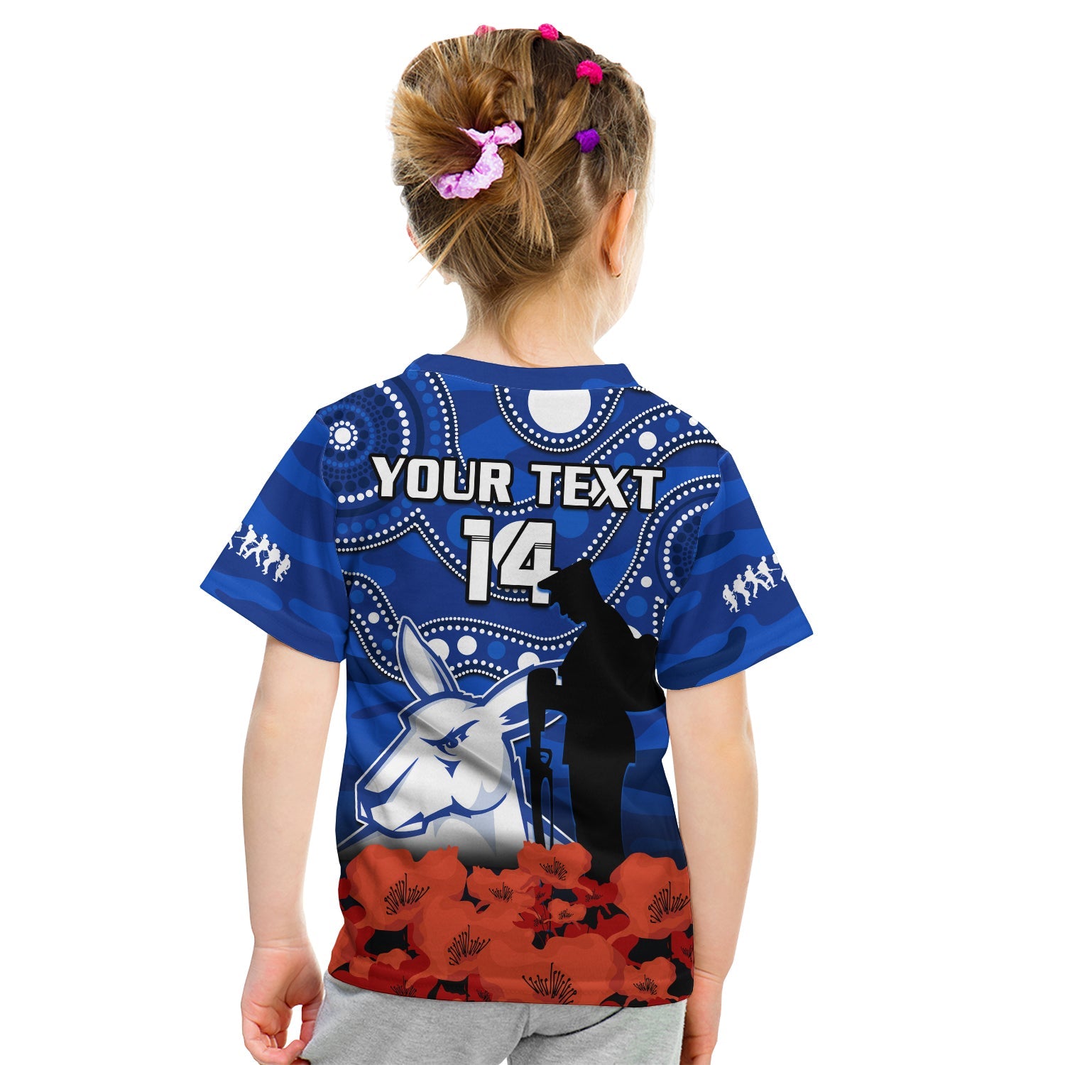 (Custom Text And Number) North Melbourne Football ANZAC 2023 T Shirt KID Kangaroos Aboriginal Mix Poppy Camouflage - Vibe Hoodie Shop