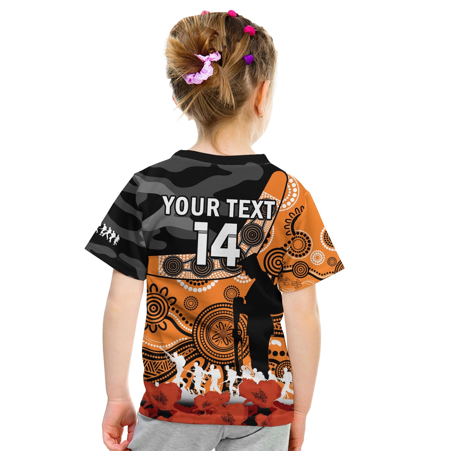 (Custom Text And Number) Giants Football ANZAC 2023 T Shirt KID GWS Aboriginal Mix Poppy Camouflage - Vibe Hoodie Shop