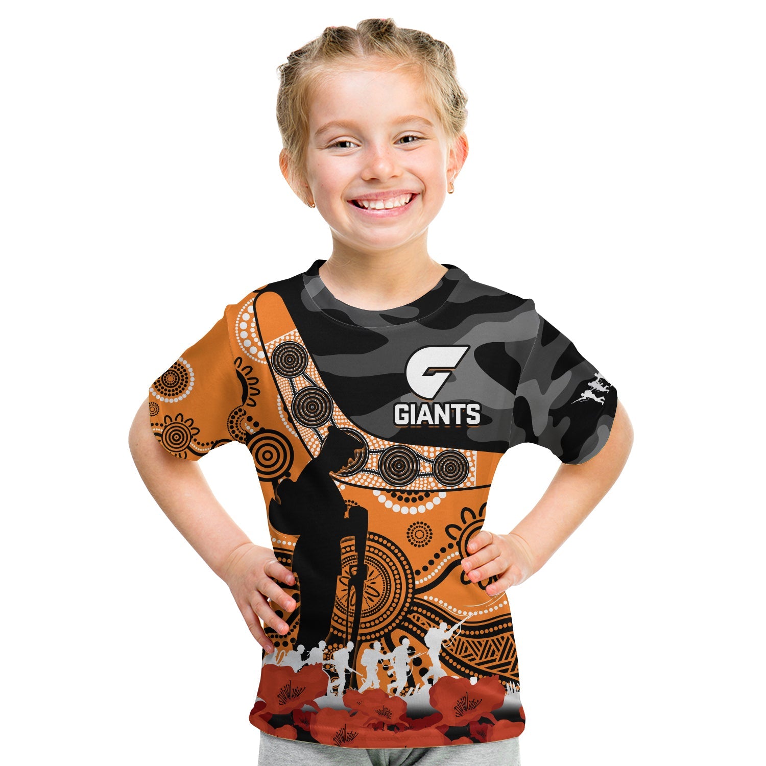 (Custom Text And Number) Giants Football ANZAC 2023 T Shirt KID GWS Aboriginal Mix Poppy Camouflage - Vibe Hoodie Shop