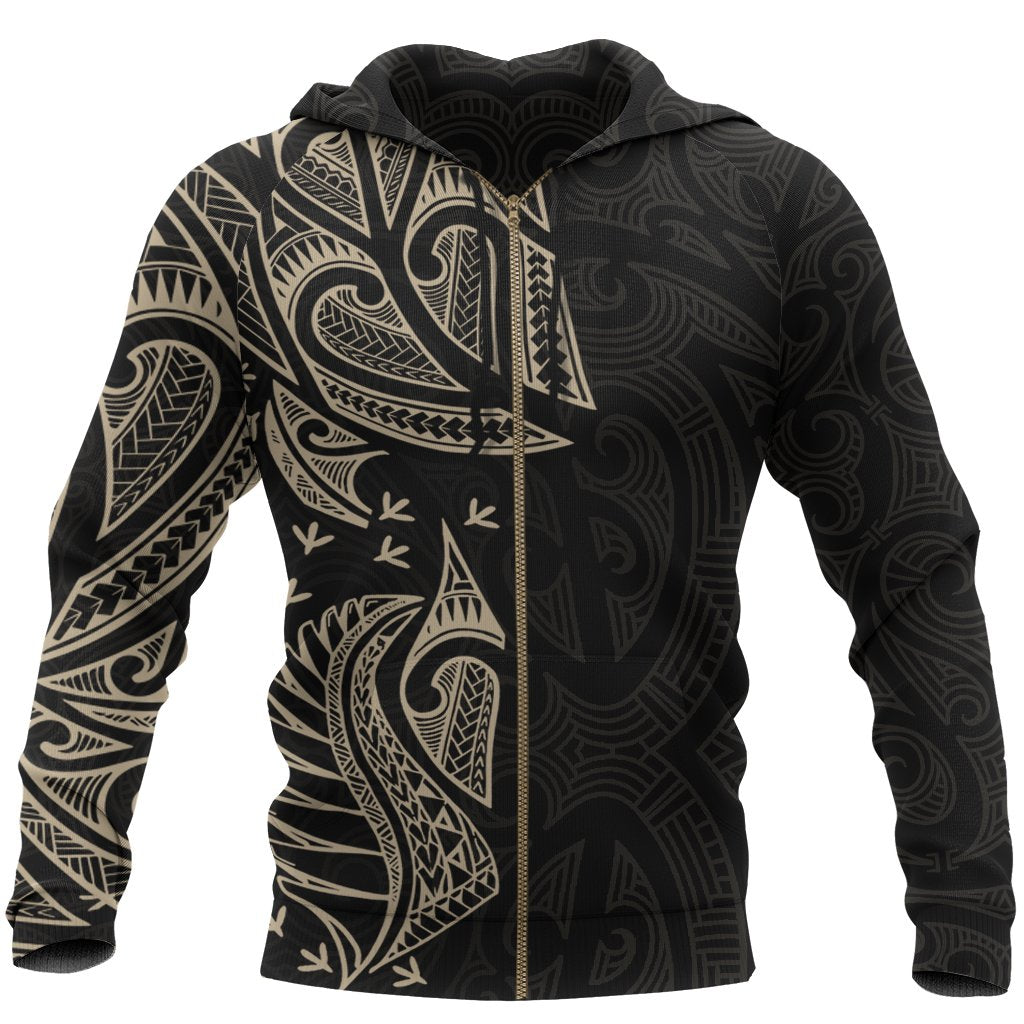 New Zealand Maori Zip Hoodie, Ta Moko Tattoo Full Zip Hoodie - Tan - Vibe Hoodie Shop