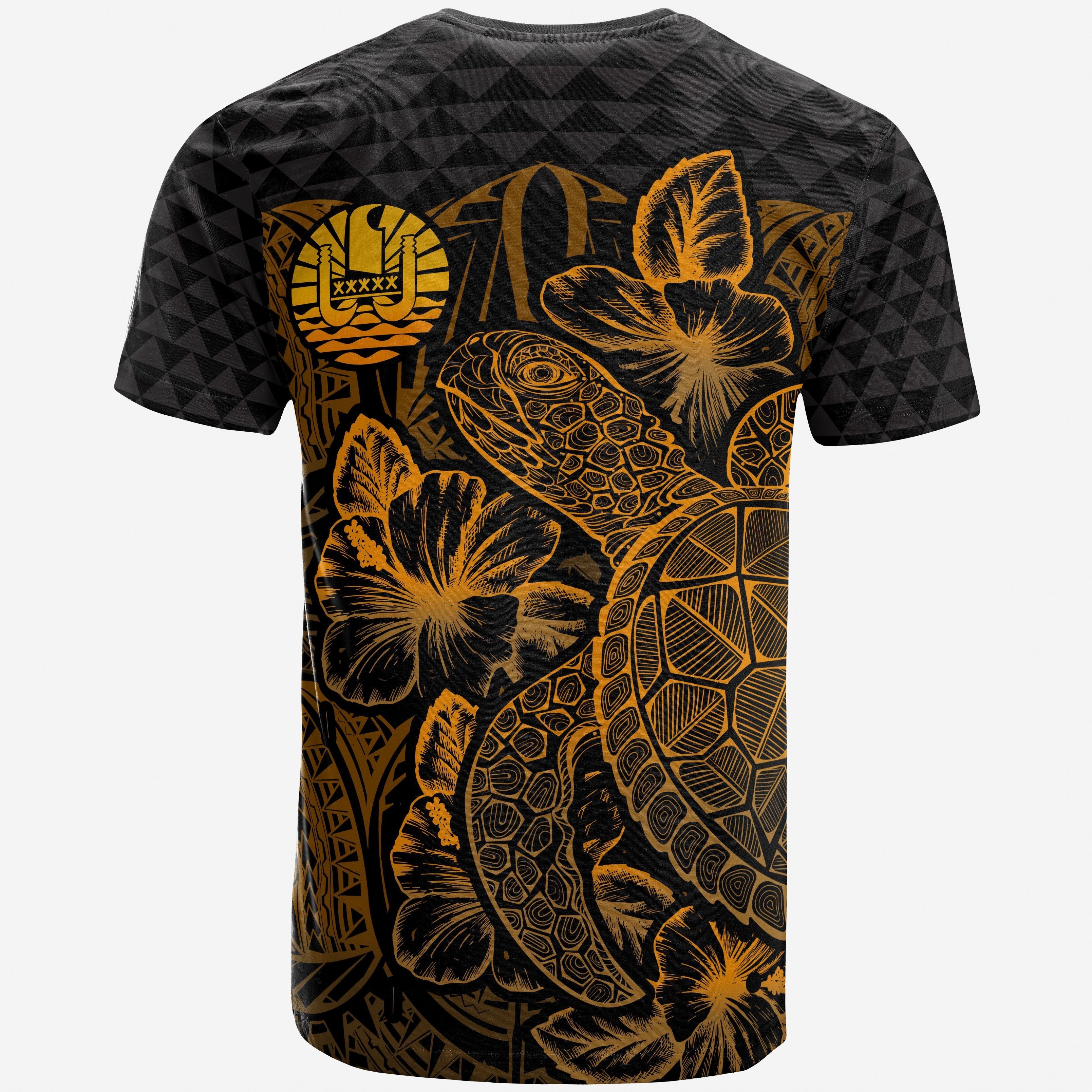 Vibe Hoodie Tahiti Polynesian T shirt - Tahiti FLag Turtle Hibiscus Gold - Vibe Hoodie Shop