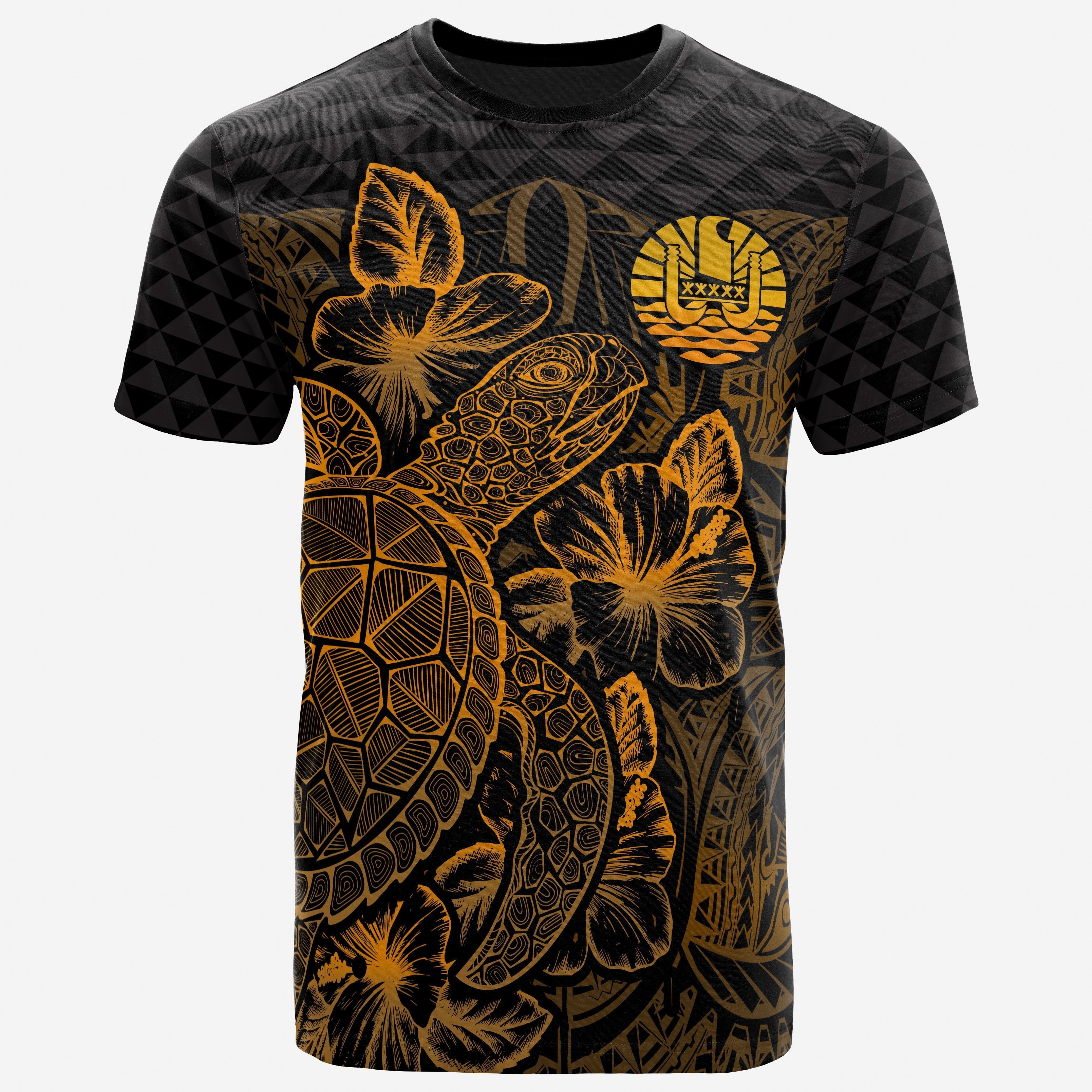 Vibe Hoodie Tahiti Polynesian T shirt - Tahiti FLag Turtle Hibiscus Gold - Vibe Hoodie Shop