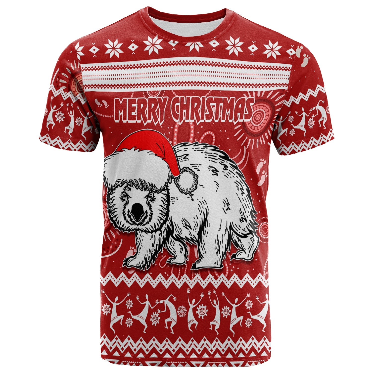 Australia Christmas T Shirt Aboriginal Art - Santa Wombat - Vibe Hoodie Shop
