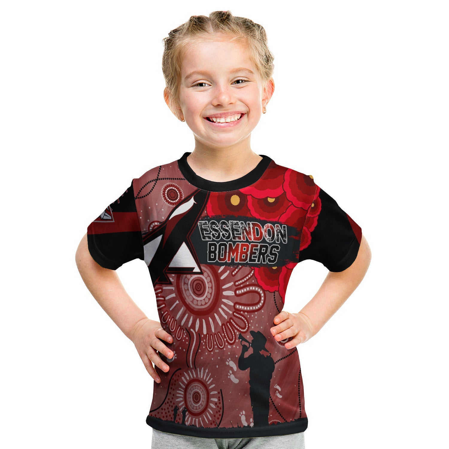 (Custom Personalised) Essendon Bombers Indigenous ANZAC Day KID T shirt We Will Remember - Vibe Hoodie Shop