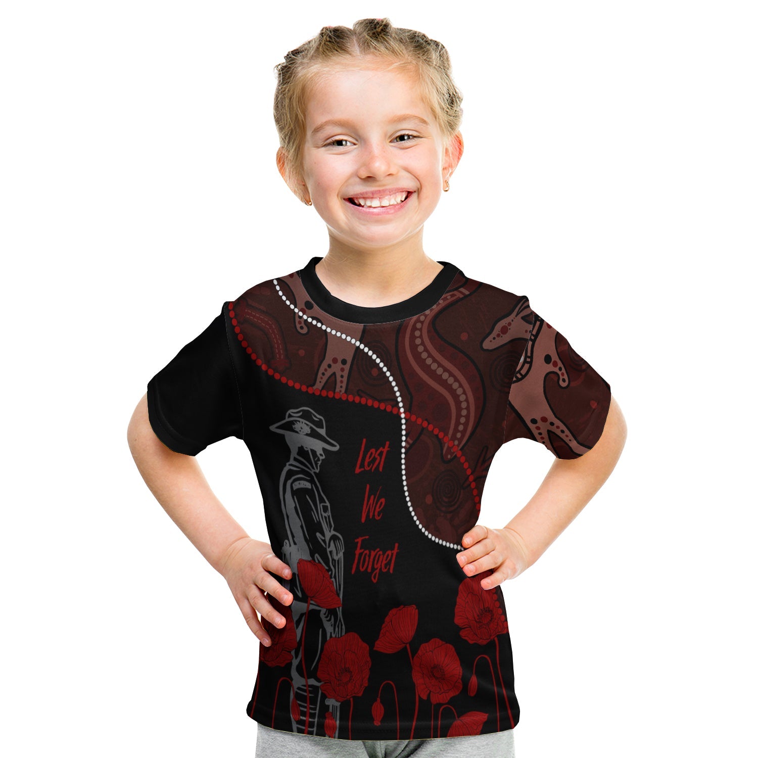 Australia ANZAC Day KID T shirt Aboriginal Art With Poppies - Vibe Hoodie Shop