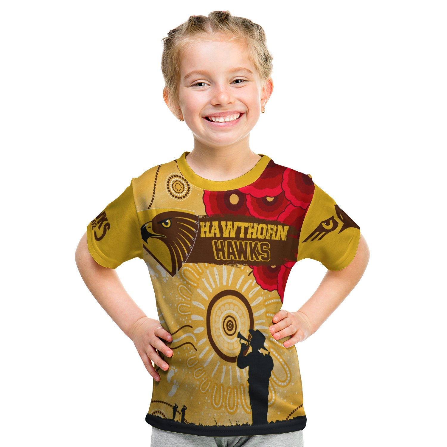 (Custom Personalised) Hawthorn Hawks Indigenous ANZAC Day KID T shirt We Will Remember - Vibe Hoodie Shop