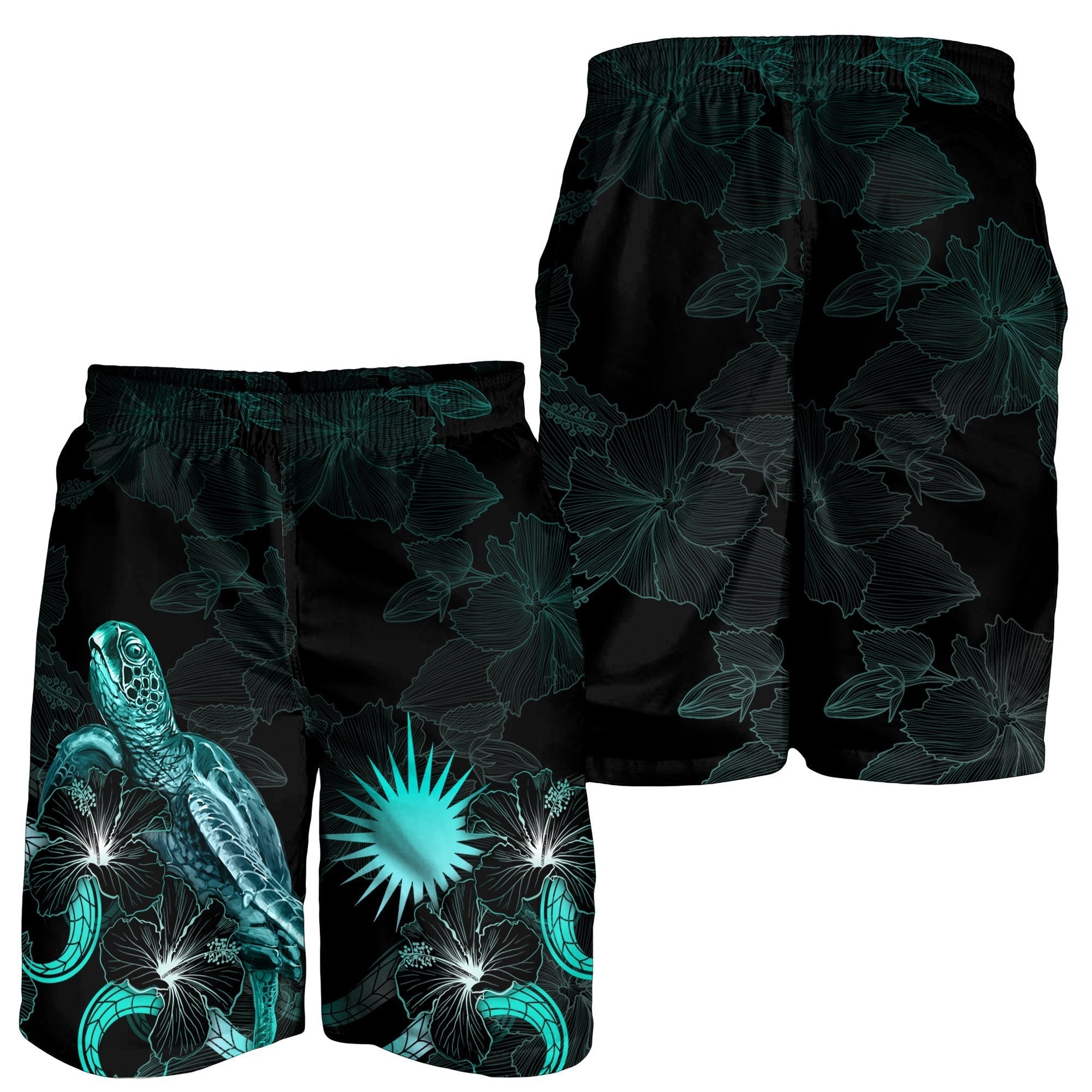 Marshall Islands Polynesian Men's Shorts - Turtle With Blooming Hibiscus Turquoise - Vibe Hoodie Shop