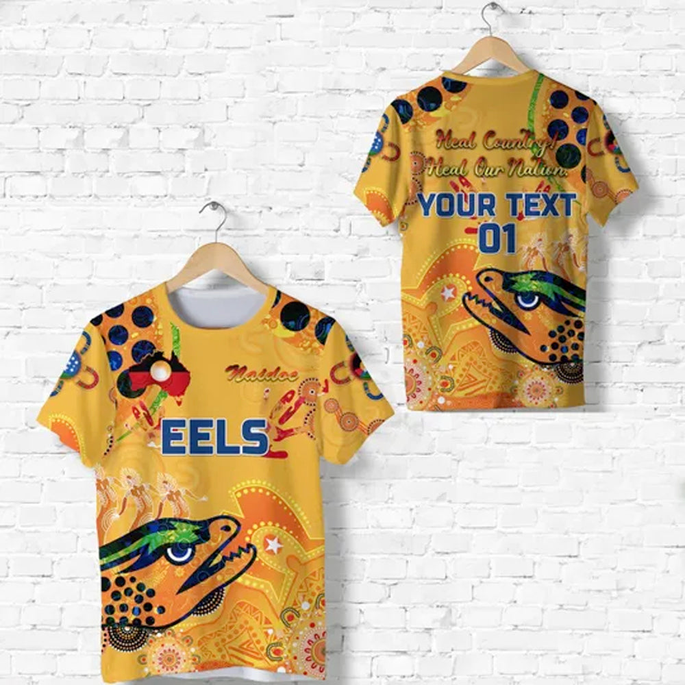 (Custom Personalised) Parramatta T shirt Eels Indigenous NAIDOC Heal Country! Heal Our Nation - Gold, Custom Text And Number - Vibe Hoodie Shop