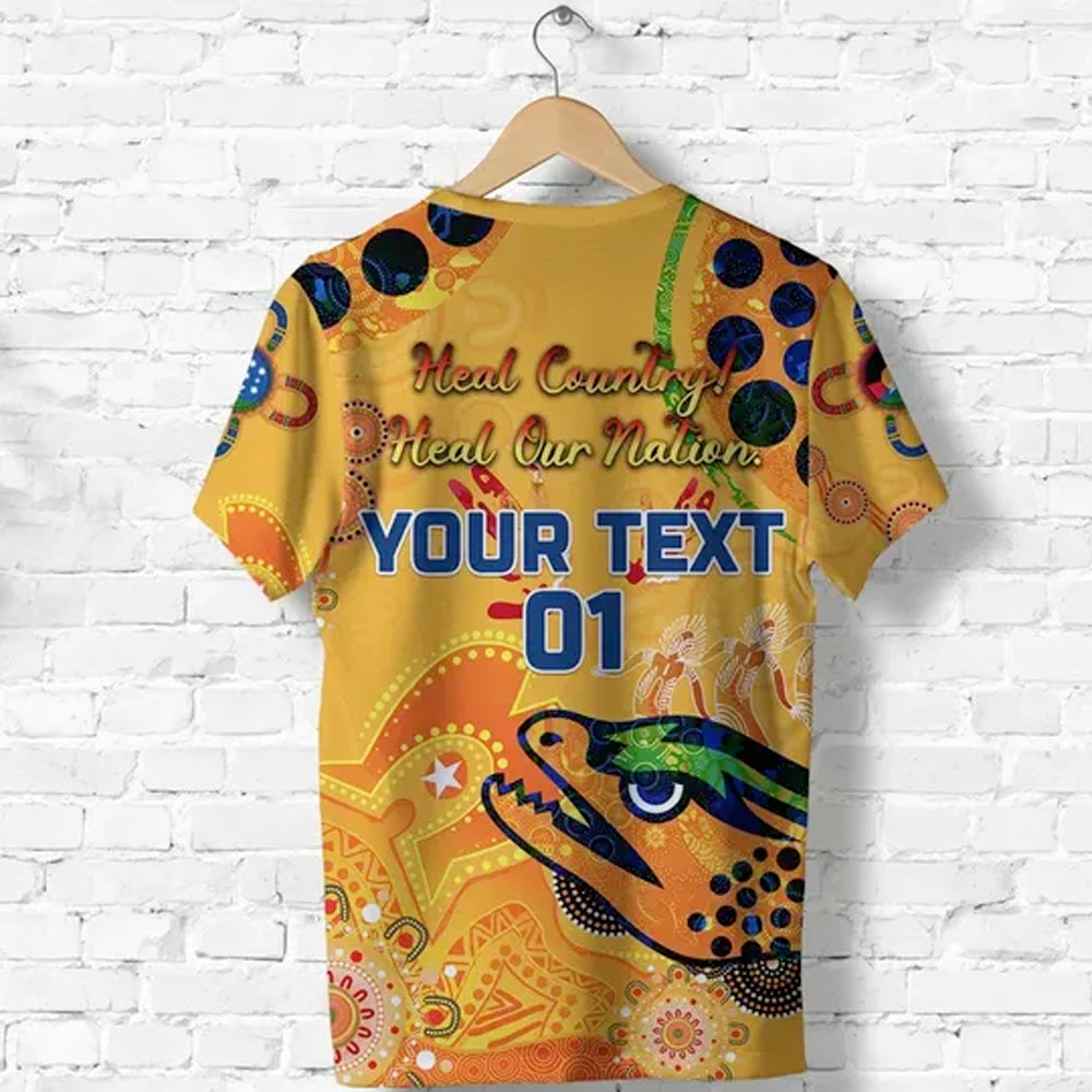 (Custom Personalised) Parramatta T shirt Eels Indigenous NAIDOC Heal Country! Heal Our Nation - Gold, Custom Text And Number - Vibe Hoodie Shop