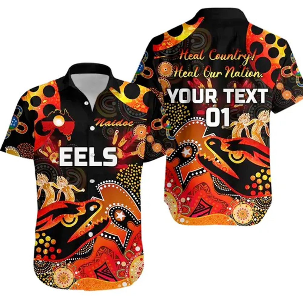 (Custom Personalised) Parramatta Hawaiian Shirt Eels Indigenous NAIDOC Heal Country! Heal Our Nation - Black, Custom Text And Number - Vibe Hoodie Shop