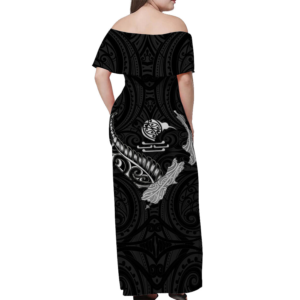 New Zealand Maori Off Shoulder Long Dress Heart of Silver Fern Map and Kiwi Black - Vibe Hoodie Shop