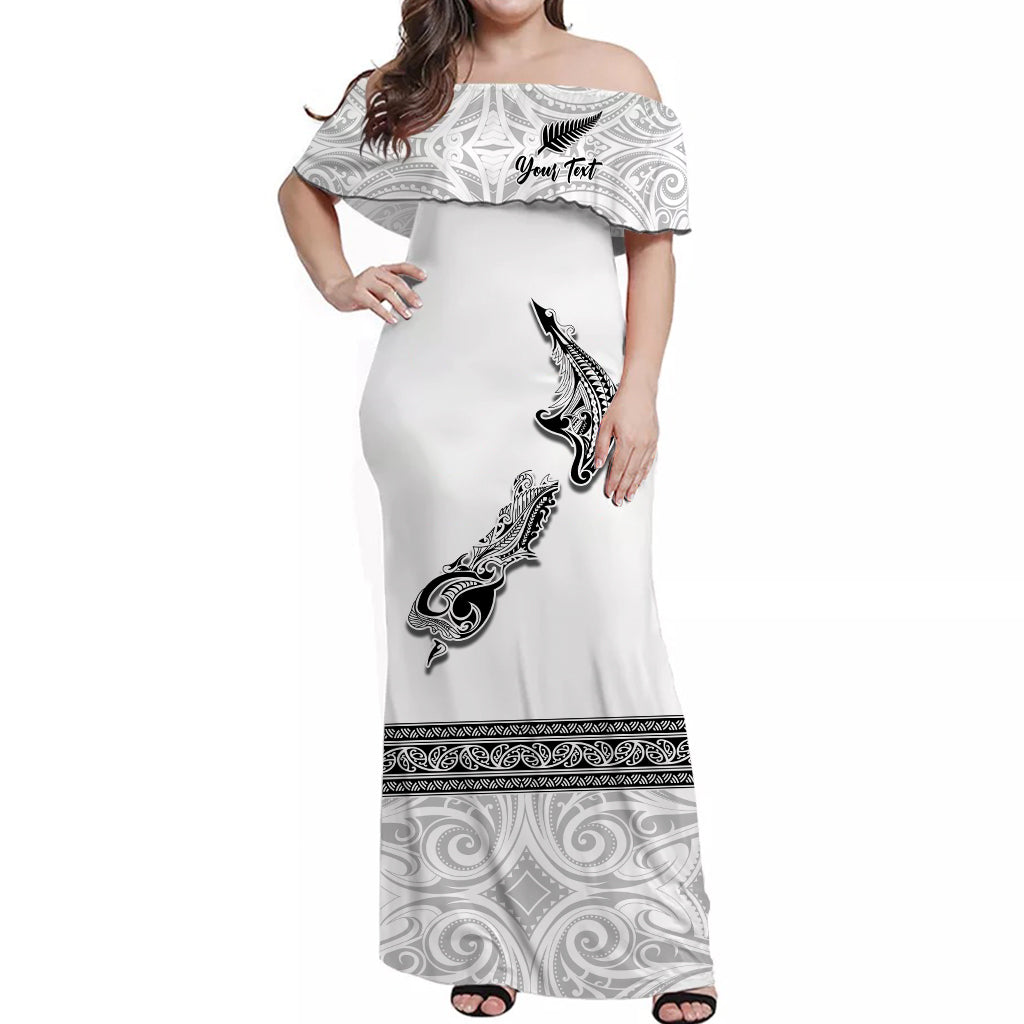 (Custom Personalised) New Zealand Off Shoulder Long Dress Maori Fern and Map White - Vibe Hoodie Shop