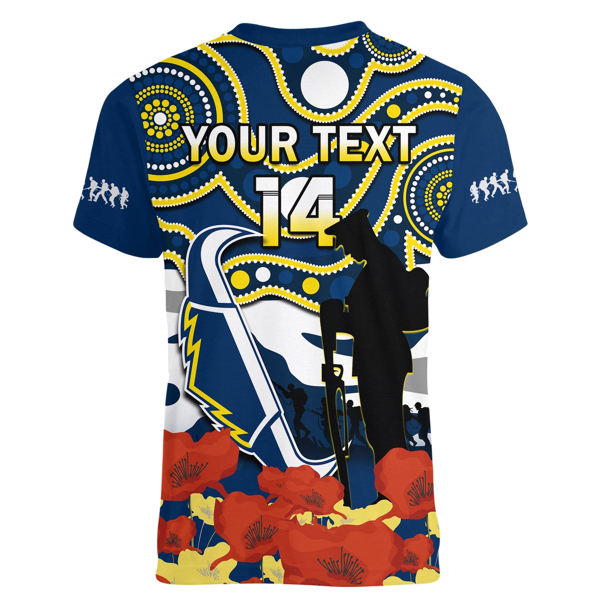 (Custom Text And Number) Cowboys Rugby ANZAC 2023 V-Neck T Shirt Australian Army Aboriginal Lest We Forget - Vibe Hoodie Shop