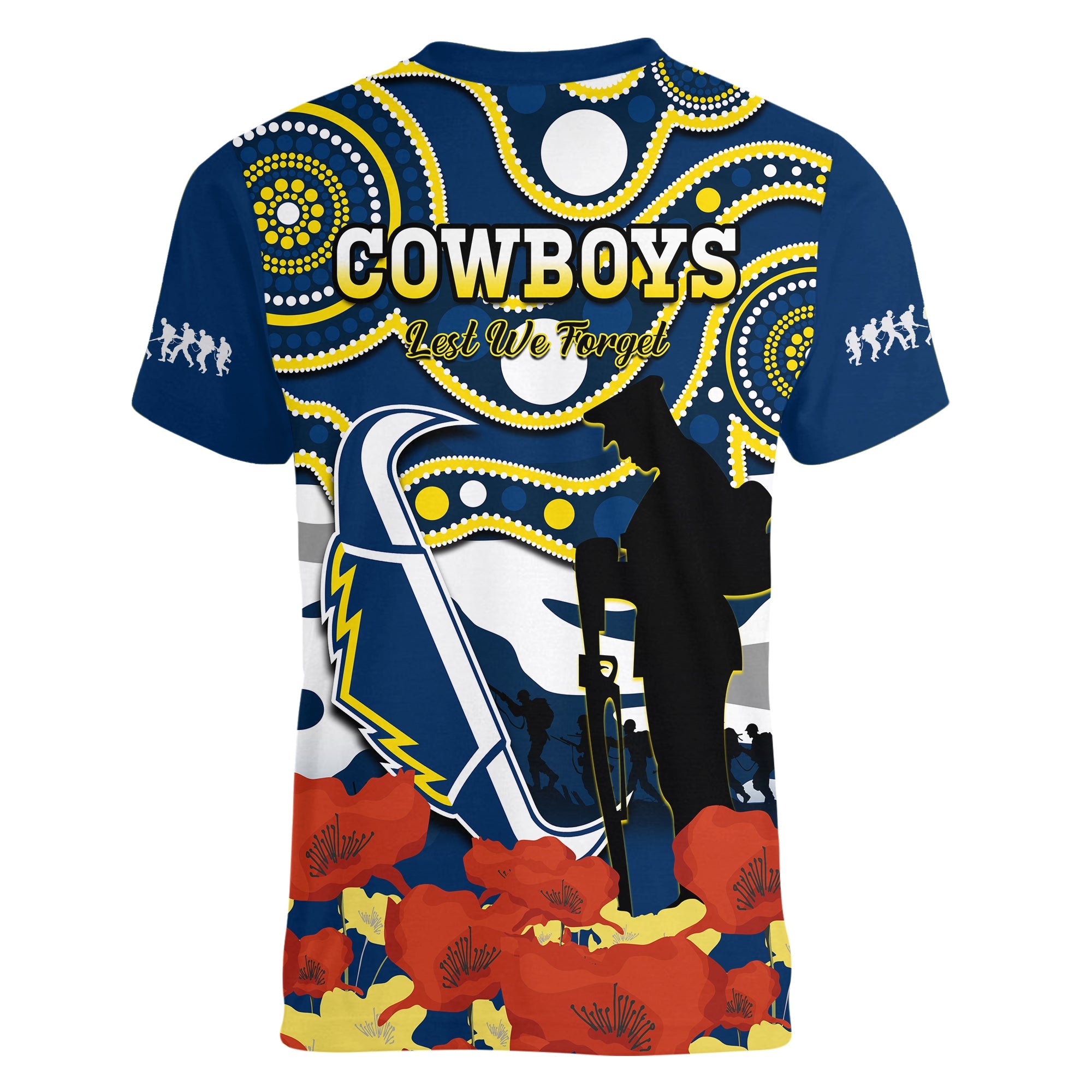 Cowboys Rugby ANZAC 2023 V-Neck T Shirt Australian Army Aboriginal Lest We Forget - Vibe Hoodie Shop