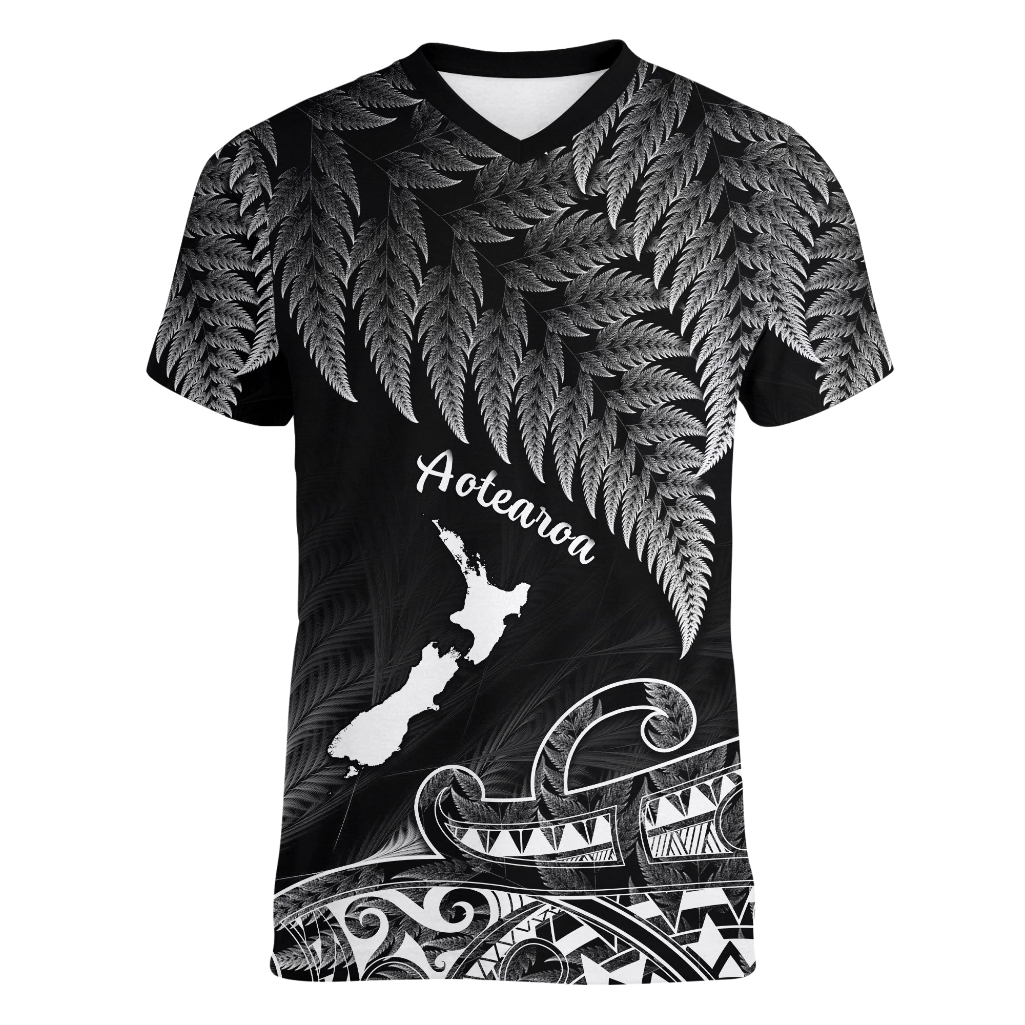 (Custom Personalised) New Zealand Silver Fern V-Neck T Shirt Aotearoa Map Maori - Vibe Hoodie Shop