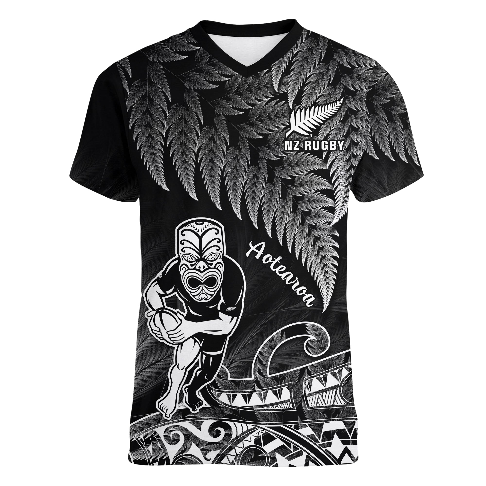 (Custom Text And Number) New Zealand Silver Fern Rugby V-Neck T Shirt All Black Koru Maori - Vibe Hoodie Shop