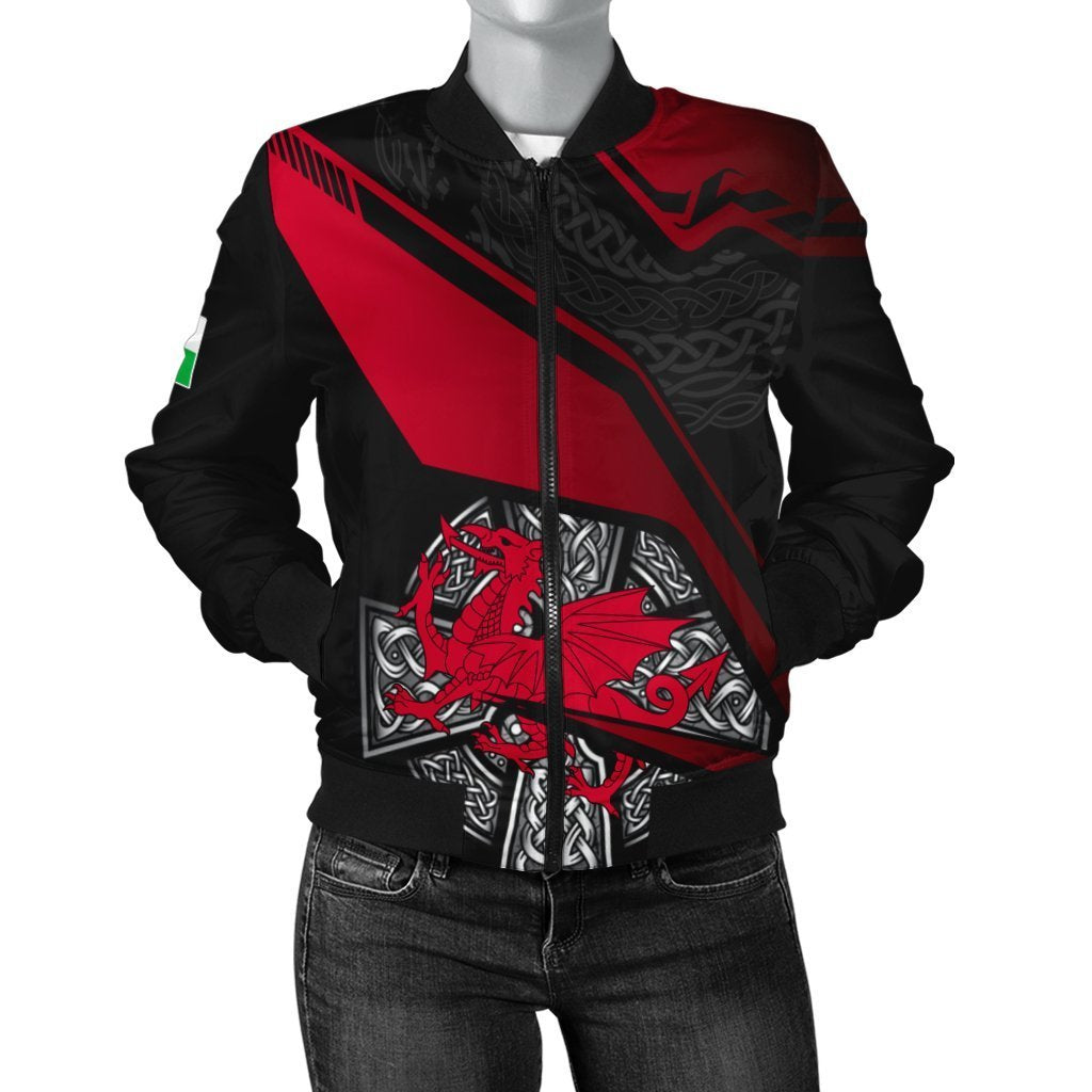 Wales Celtic Women's Bomber Jacket - Celtic Cross and Welsh - Vibe Hoodie Shop