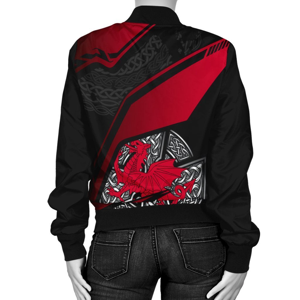 Wales Celtic Women's Bomber Jacket - Celtic Cross and Welsh - Vibe Hoodie Shop