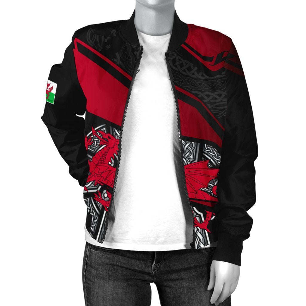 Wales Celtic Women's Bomber Jacket - Celtic Cross and Welsh - Vibe Hoodie Shop