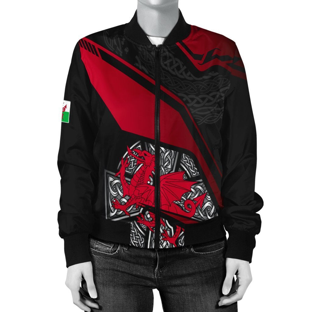 Wales Celtic Women's Bomber Jacket - Celtic Cross and Welsh - Vibe Hoodie Shop