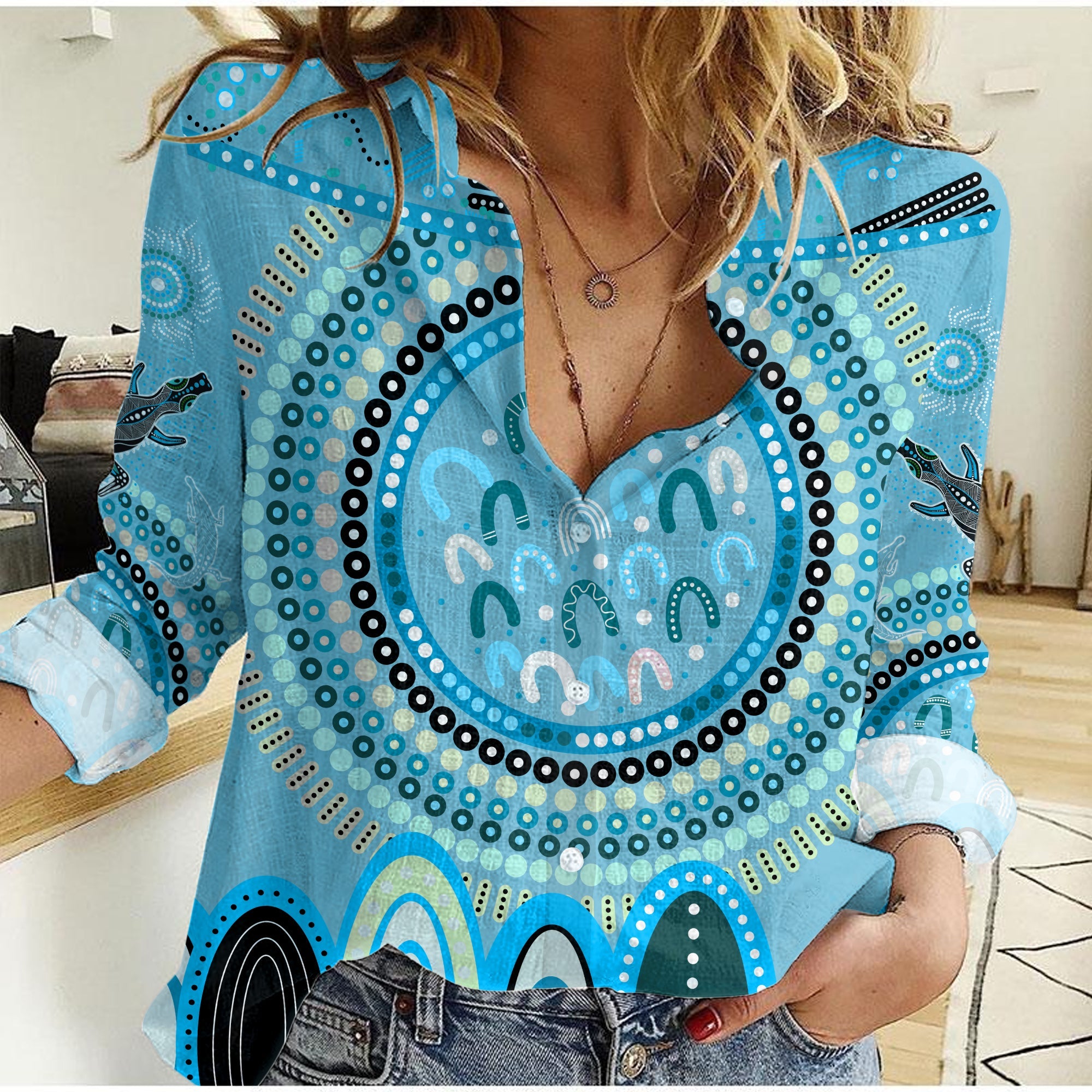 (Custom Text and Number) Aboriginal Stand Up Women Casual Shirt Circle Dot with Lizard Version Blue - Vibe Hoodie Shop