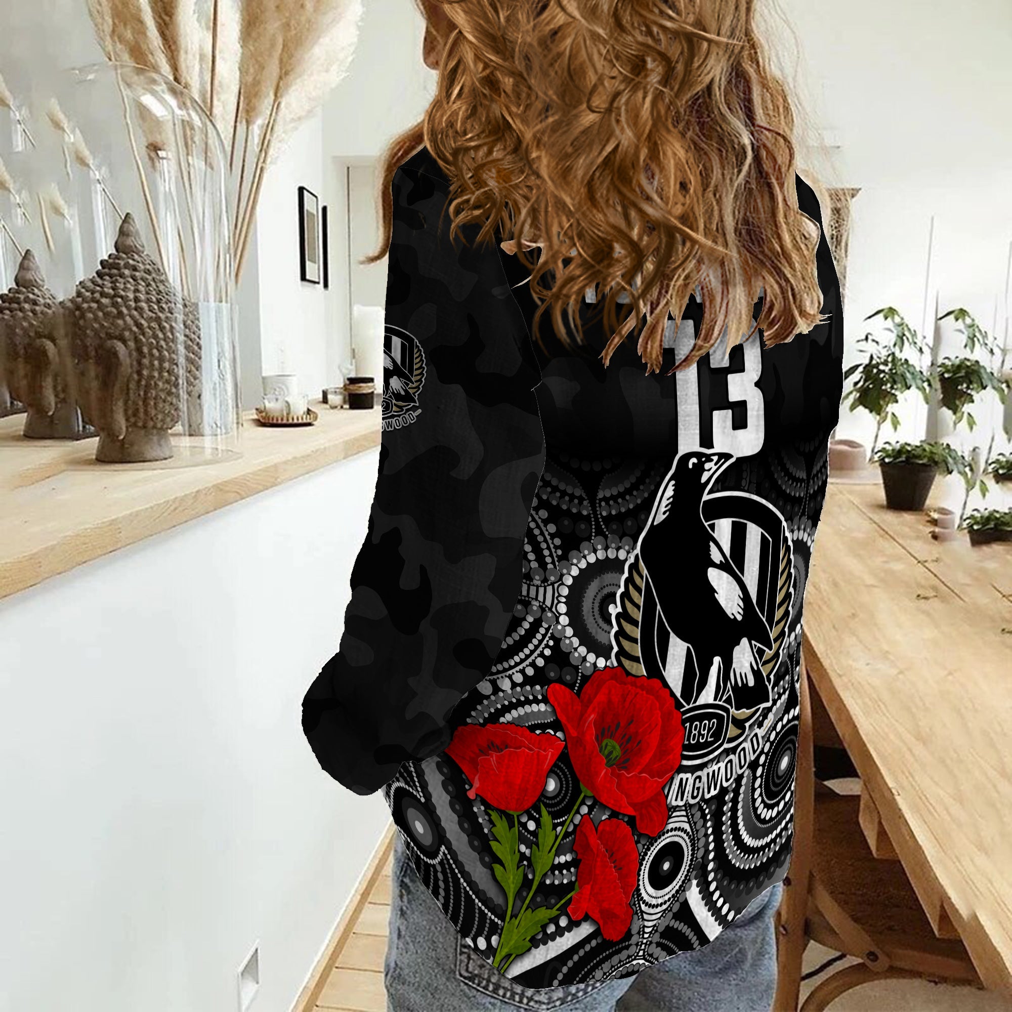 (Custom Text and Number) Magpies Football ANZAC Day Women Casual Shirt Aboriginal Poppy Flowers - Vibe Hoodie Shop