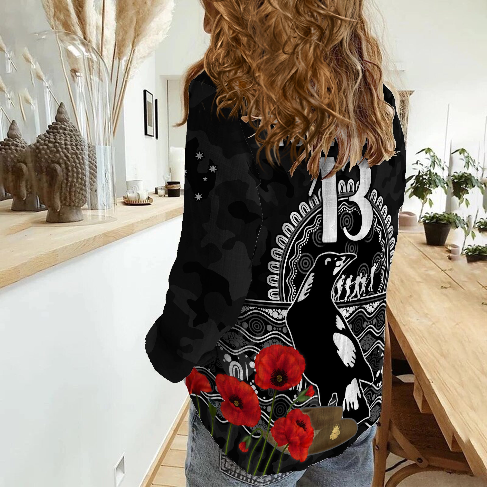 (Custom Text and Number) Magpies Football ANZAC Day Women Casual Shirt Speical Poppy mix Aboriginal - Vibe Hoodie Shop