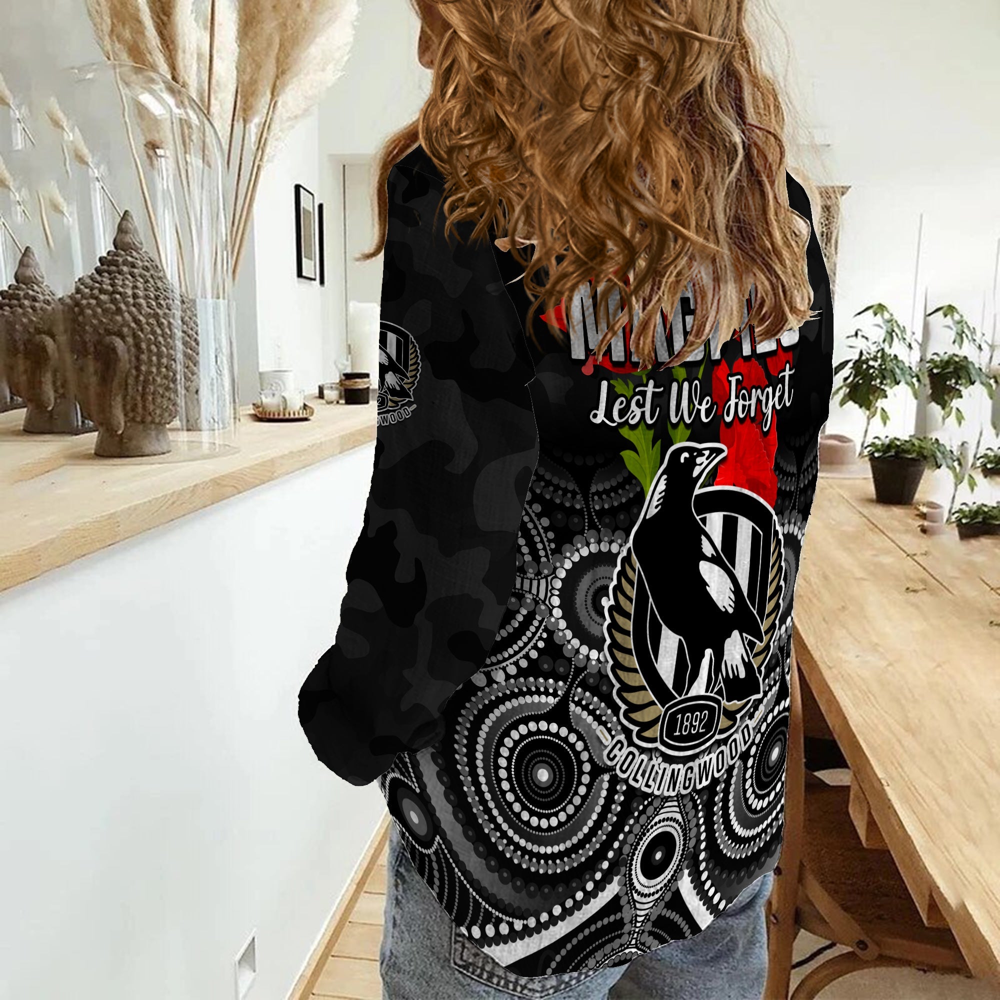 Magpies Football ANZAC Day Women Casual Shirt Aboriginal Poppy Flowers - Vibe Hoodie Shop
