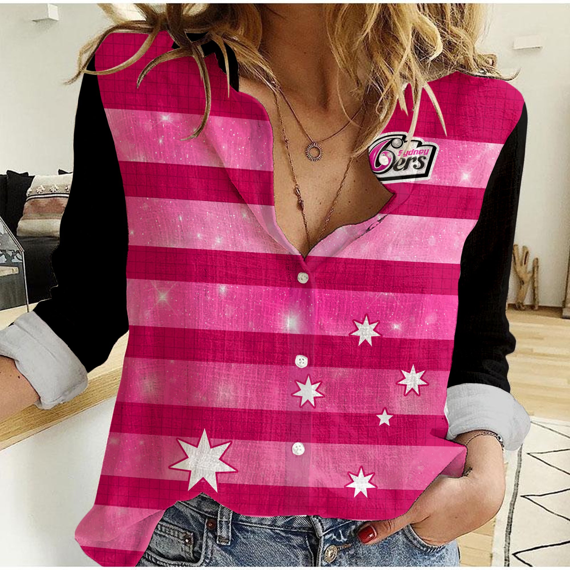 (Custom Text and Number) Sydney Sixers Cricket Women Casual Shirt Galaxy Star Simple Ver.02 - Vibe Hoodie Shop